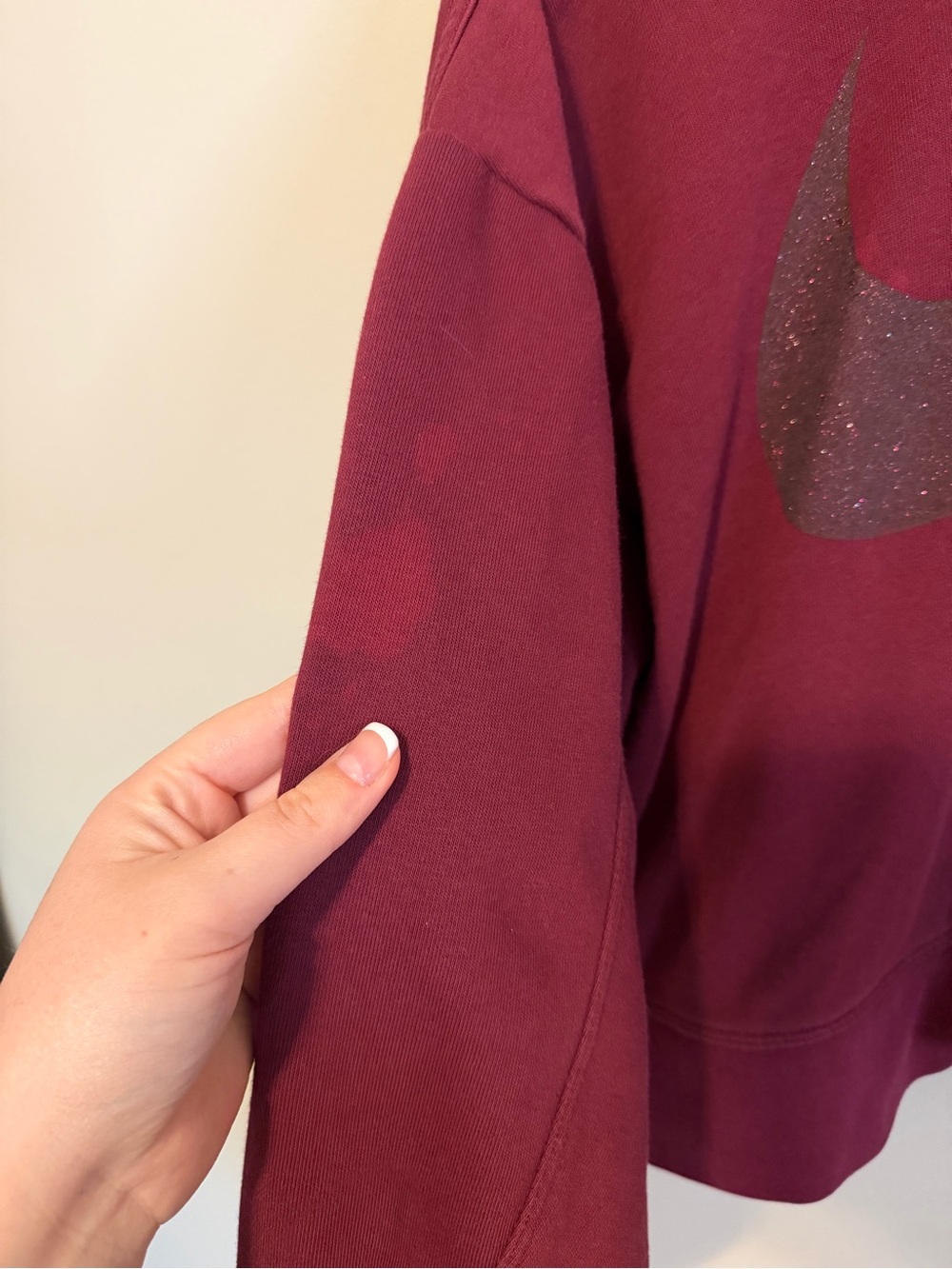 Nike Women's Burgundy Cropped Crew Sweatshirt with Glitter Swoosh - Picture 5 of 8